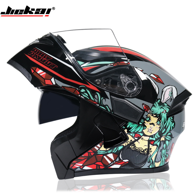 JIEKAI casco de exposición de la motocicleta de los hombres casco de doble lente de las mujeres de verano anti-niebla personalidad fresca con Bluetooth cuatro estaciones