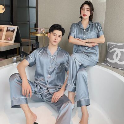 壹件代發冰絲情侶睡衣女秋季新款抖音網紅直播熱賣仿真絲家居服男