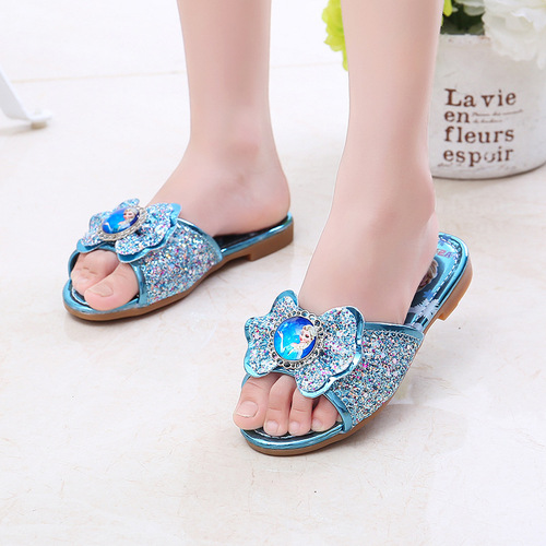 Children's slippers 2024 summer new style girls Elsa Princess Korean version girls' home indoor and outdoor rhinestone flat shoes