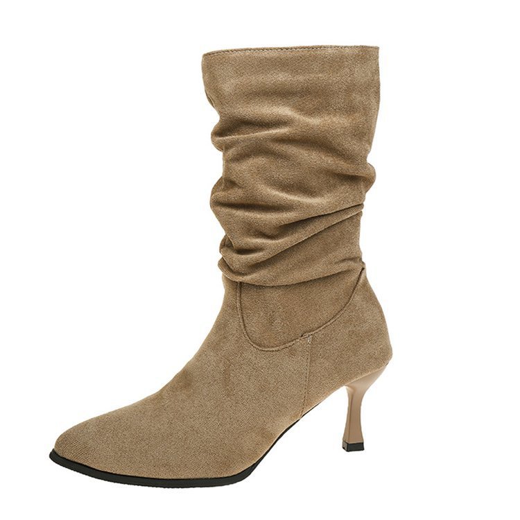 Botas de mujer, piernas gruesas, tacones de aguja, botas de tacón medio, pero pliegues de rodilla, botas de pila de punta puntiaguda de ante, botas Martin de tubo medio