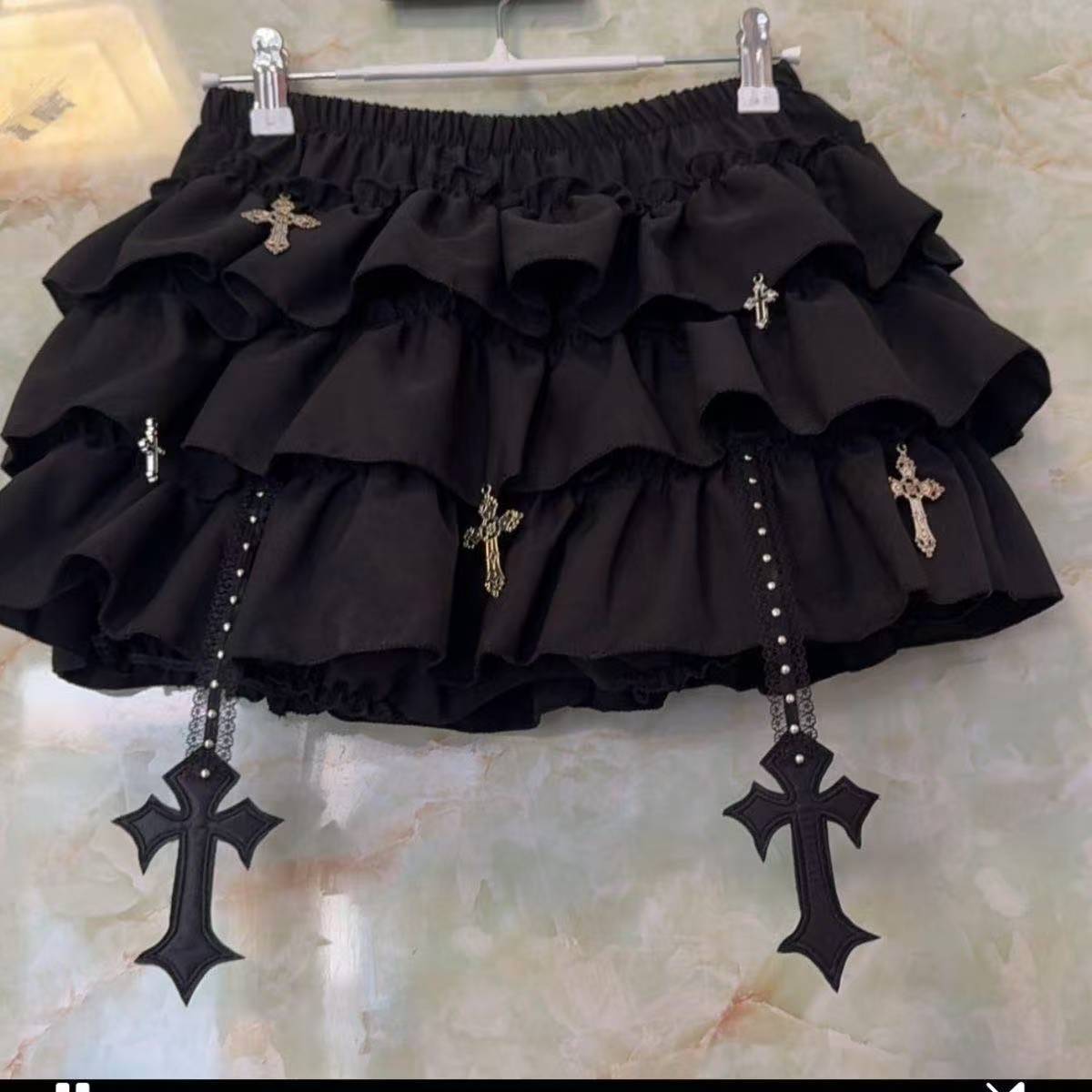 Dark Girl Punk Mini Skirt High Waist Fluffy Slimming Black One Size — detail image 5