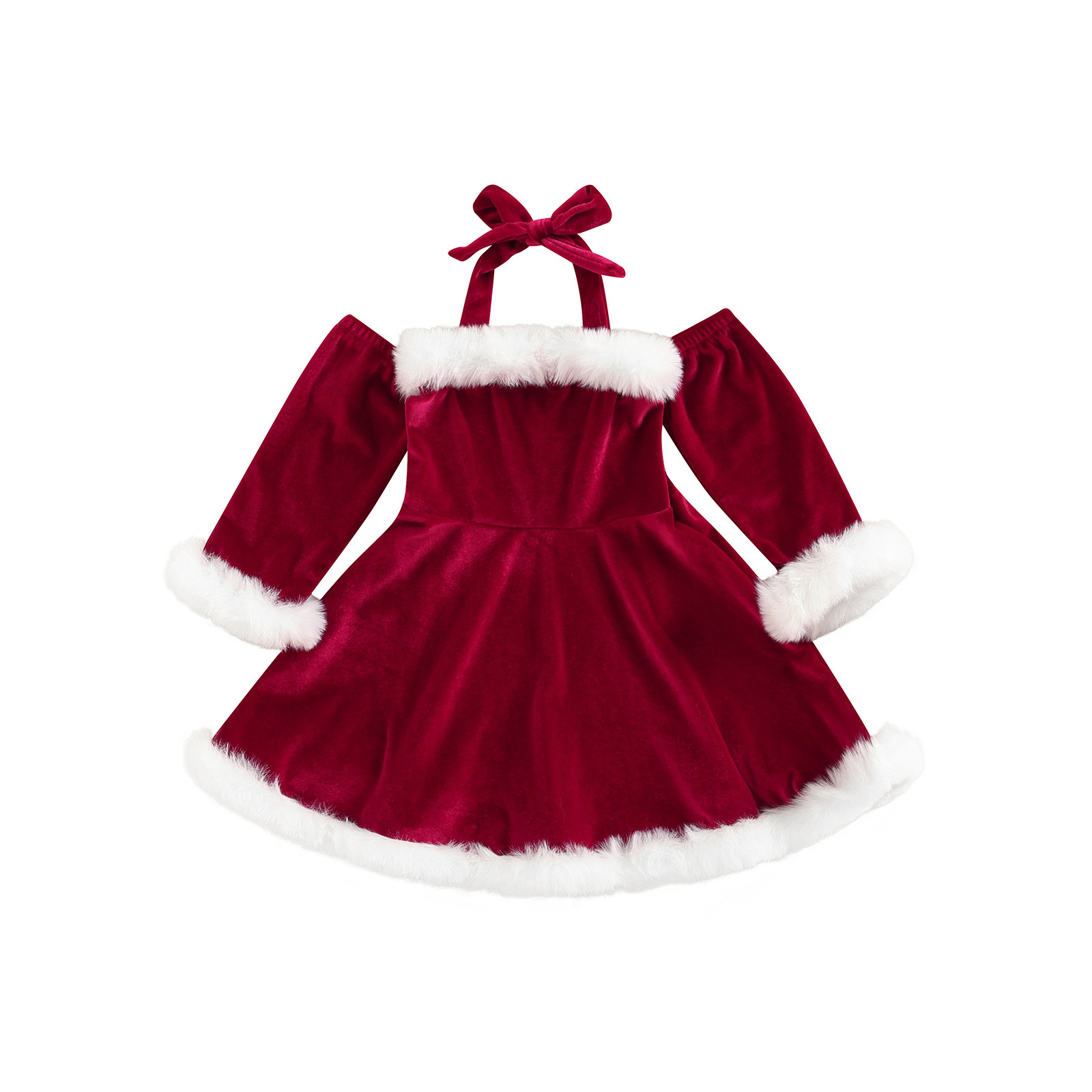 Natale 2023 Vestito da ragazza in velluto dorato carino con collo appeso alla spalla e maniche lunghe per bambini_voghion.com