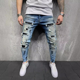 wish European and American new men's slim-fit ripped leggings new men's painted denim men's pants factory outlet
