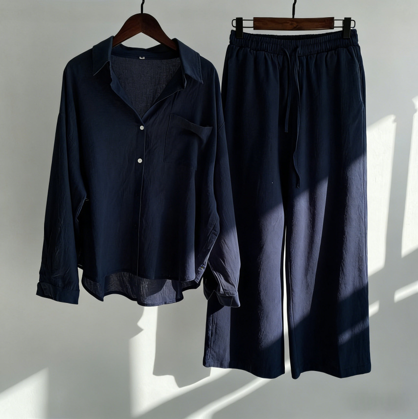 Women's Clothing Women's Retro Plus Size Cotton Linen Shirt Set High Waisted Loose Fitting Trousers Two Piece Set 20 Colors_ecoleips.com