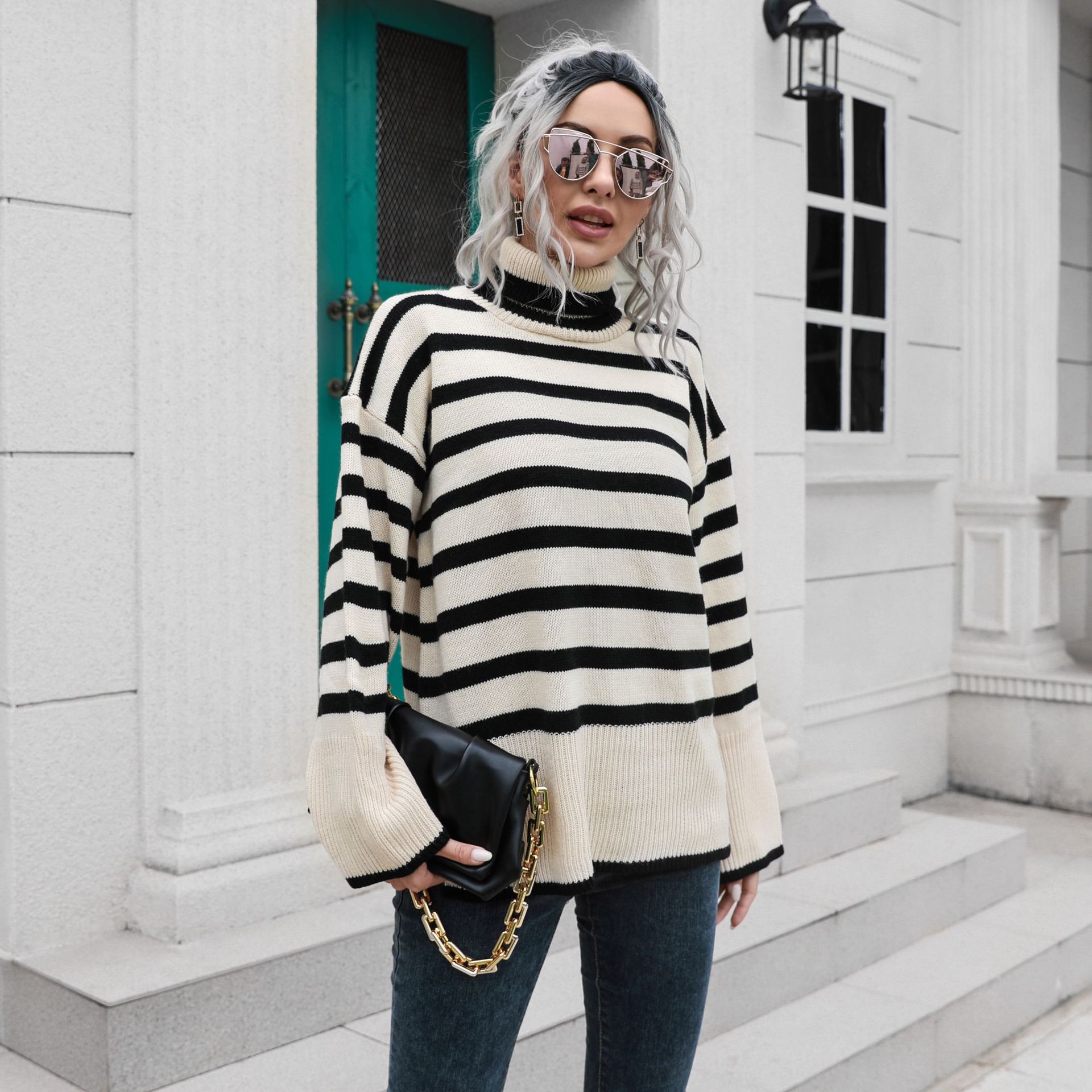 Popular Striped Bottom Slit High Collar Mid Length Women Loose Fall Winter Sweater 8 Popular Striped Bottom Slit High Collar Mid Length Women Loose Fall Winter Sweater