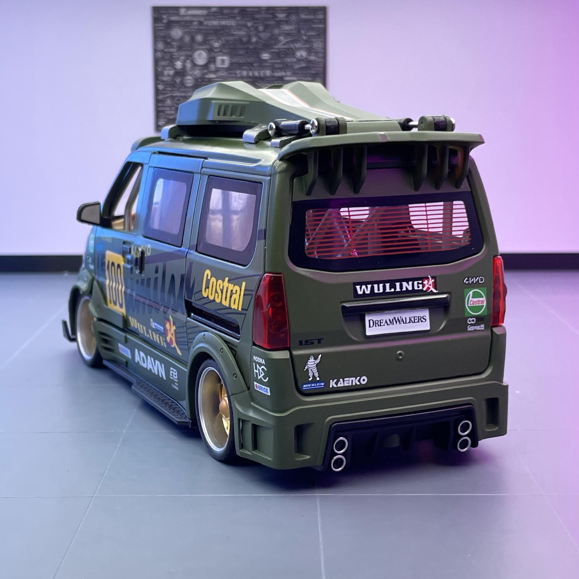Modelo de coche de aleación Welly 1:24 Wuling Van versión modificada con sonido y luz, juguete de retroceso, modelo de coche para niños, adorno.