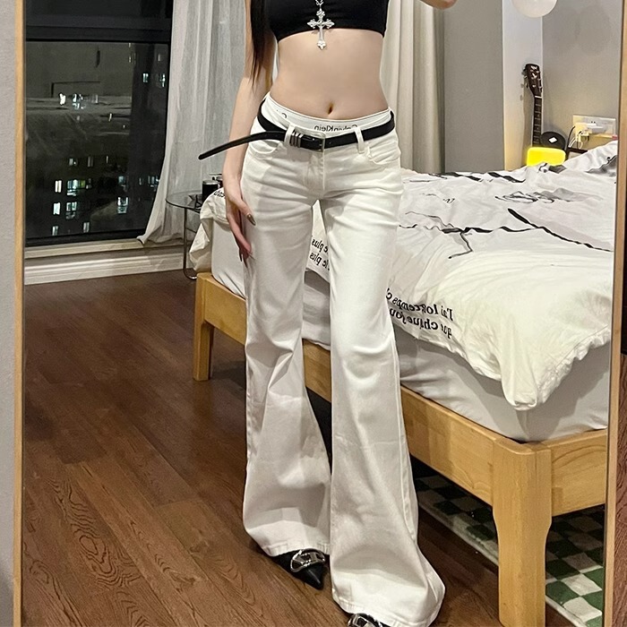 White Flared Jeans for Women, 2025 Spring and Autumn New Style, Plus Size, American Style, Low Waist, Non-Tight, Slightly Flared, Wide-Leg, Floor-Length Pants