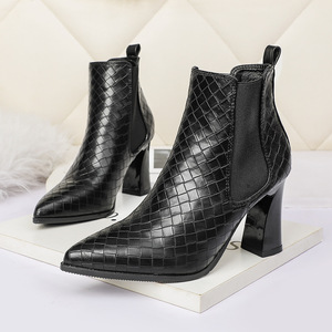 Pointed Martin boots nightclub slim short boots checkered single boots net red banquet thick heel women's Boots