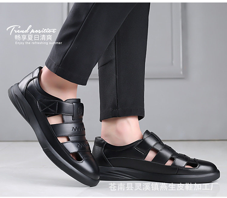 Dép sandal nam da bò thật đế cao su, kiểu lỗ thoáng khí mùa hè, quai ngang dây buộc — Màu nâu, Màu đen chi tiết 11
