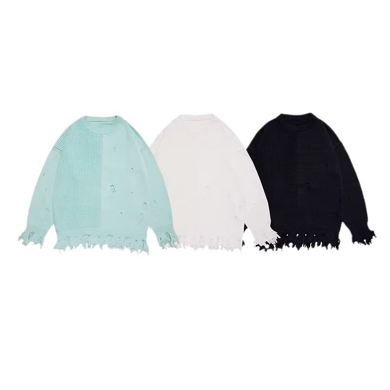 Spring 2023 New lazy style ripped mint green sweater men's couple trendy high street hip hop slimming sweater