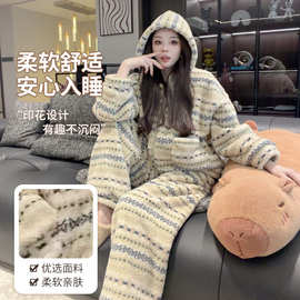 女士睡衣连帽家居服印花对条珊瑚绒法兰绒加绒加厚套装可外穿韩版