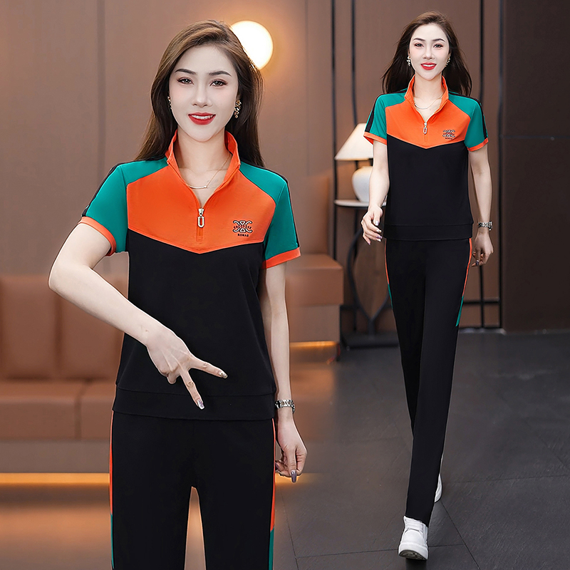 Casual Sportswear Suit for Women 2026 Summer New Fashion Stylish Color-Blocked Short-Sleeved Stand-Up Collar Sweatshirt Two-Piece Set Thin
