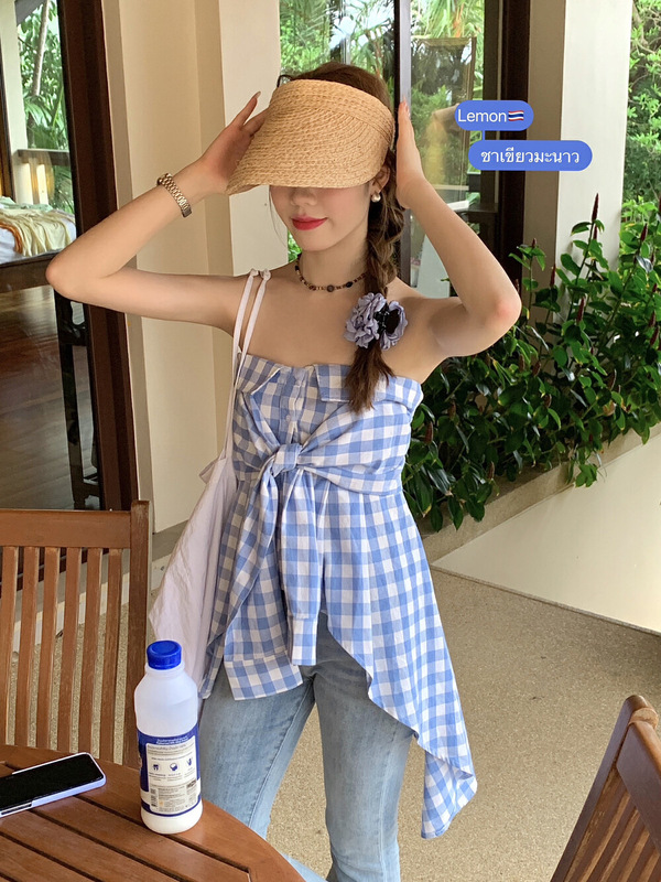 Korean Style Design Asymmetrical Blue Plaid Shirt for Women 2024 Summer New Sleeveless Tube Top Strap Top