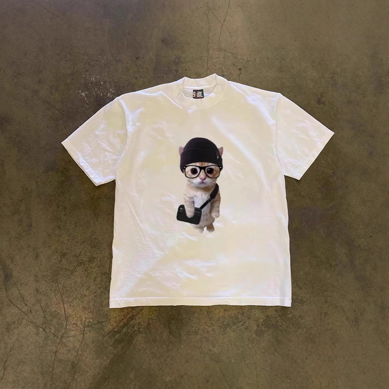 250g Heavy Cotton! American Oversize Cat Wearing Glasses Printed Couple Women's Loose Short-Sleeved T-Shirt for Men