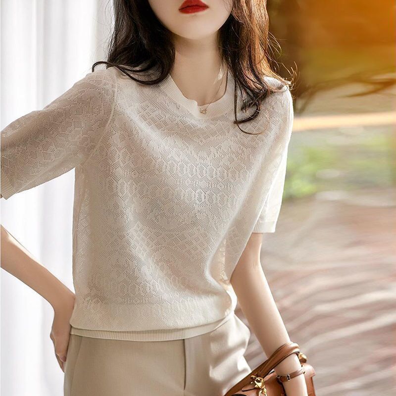 2024 Summer Lace Pattern Hollow-Out Knit Top for Women, Jacquard Short-Sleeve Blouse, T-Shirt, Lightweight, Fashionable and Versatile