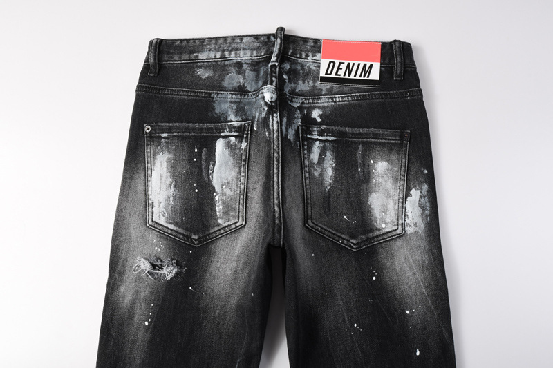 Men's Distressed Slim Fit Jeans Black Grey Washed Denim Pants with Paint Splatter And Knee Rips Streetwear Skinny Trousers_mkmklike.com