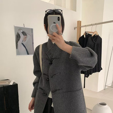 秋冬新款日系休闲立领外套牛角扣直筒加长款长毛双面呢羊毛大衣女