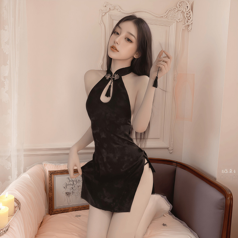 순수한 욕망, 섹시한 엉덩이를 감싸는 잠옷, 열정적인 유니폼, 유혹적인 섹시 속옷, 섹시한 백리스 하이컷 중국식 치파오, 레이스 디테일