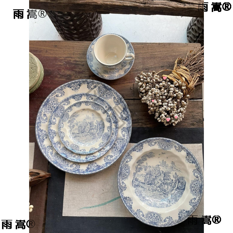 Mist Blue Export French Country Style Blue and White Plate Playing Flute Pastoral Character Landscape Ceramic Dinner Plate Bowl Underglaze