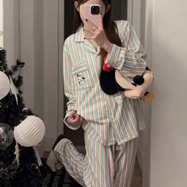 2025秋冬季新款德绒竖纹小狗可爱女睡衣家居服