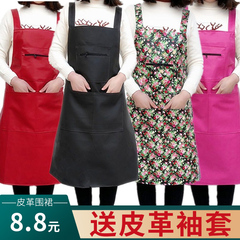 V5HA防水防油皮革圍裙三口袋PU廚房做飯成人男女圍腰加厚軟皮工作