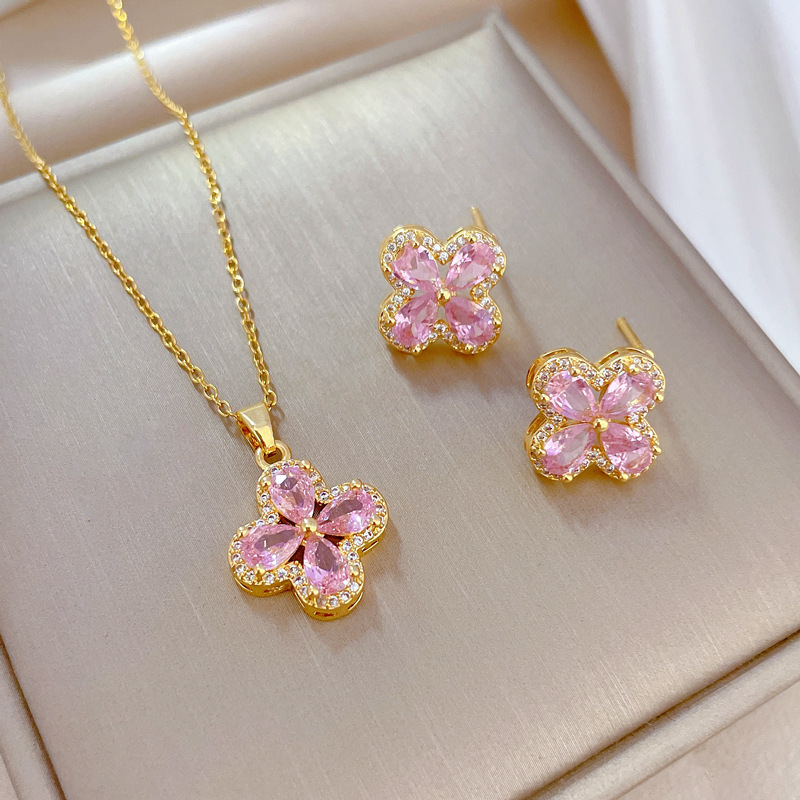Vierblättriges Blumen Halsketten Und Ohrring Set Für Damen_voghion.com
