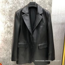 不裂皮海宁西服皮衣2025新款气质简约中长款休闲西装外套