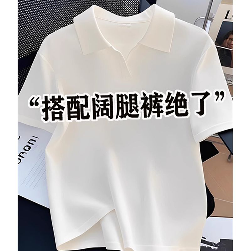 2026 New European Style Pure Cotton Polo Collar White Short-Sleeved T-Shirt for Women, Summer Loose Korean Style Regular Shoulder Base Shirt Top