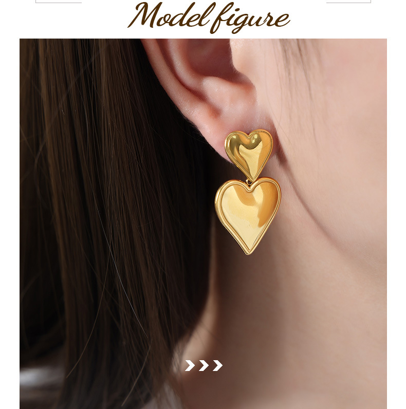 0.03µm-0.05µm Gold Plating Thickness PVD Coated Real Gold Plated 18K Gold Heart Shape Titanium Steel Sweet Simple Style Waterproof Non Tarnish Earrings Necklace