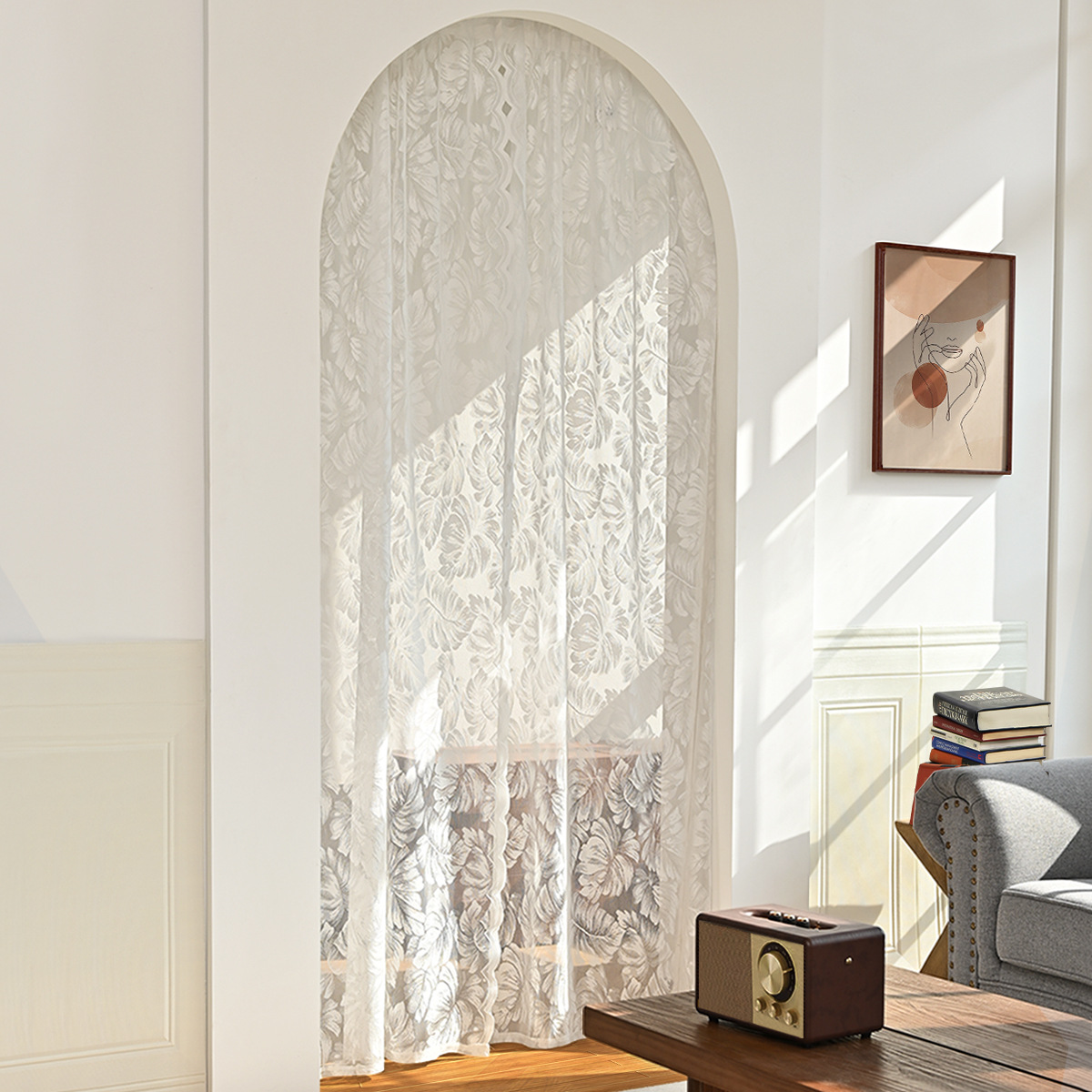 Cortina de puerta de hoja de tortuga transfronteriza de Amazon, encaje de urdimbre, cortina de pantalla de ventana de color sólido blanco, emitida por SHEIN