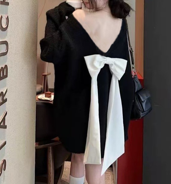 韩系慵懒风露背蝴蝶结毛衣女2025秋冬季新款设计感小心机针织上衣|undefined