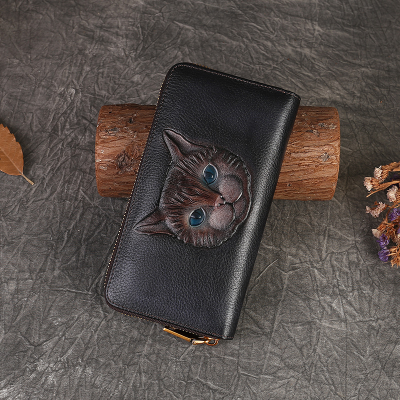 Nueva cartera larga de cuero genuino con diseño de gato en relieve, múltiples ranuras para tarjetas, cierre de cremallera, gran capacidad, bolso de mano para mujer, venta al por mayor.