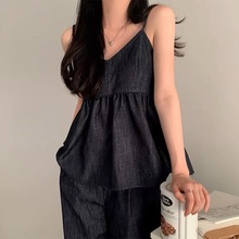 韩国chic夏季新款减龄仿牛仔吊带背心休闲百搭松紧腰直筒裤套装女