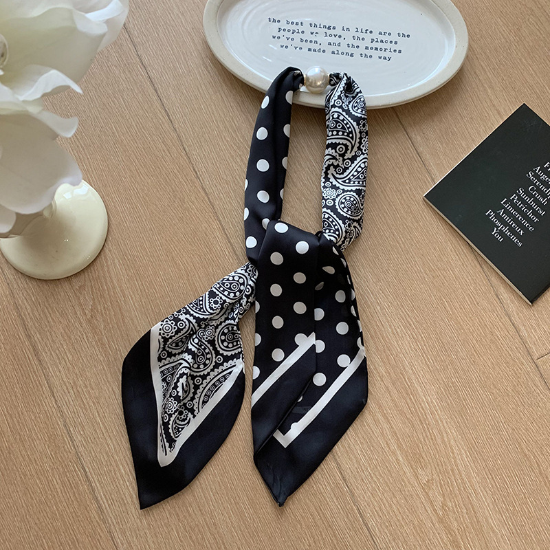 Pañuelo de seda, tira larga, sensación de alta calidad, estilo coreano, bufanda decorativa de lunares de doble capa, costura personalizada, bufanda de seda para mujer al por mayor