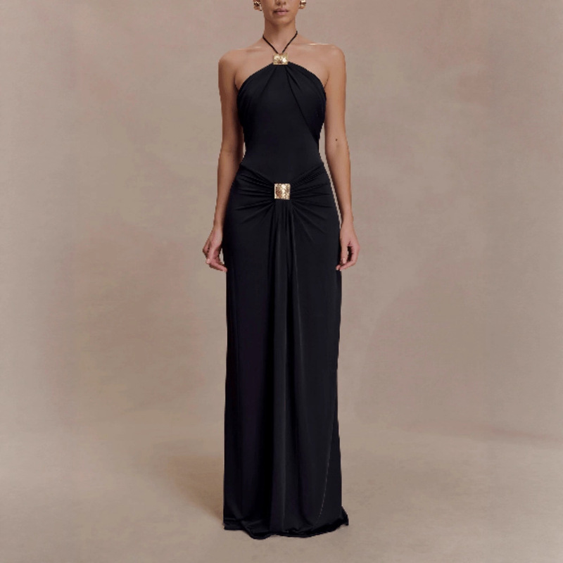 New Elegant and Stylish Slim-Fit Halter Neck Long Dress with a Flowing Belt for Women, Available on Independent Cross-Border European and American Fashion Websites