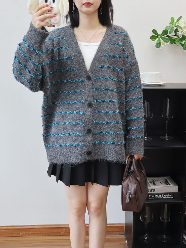 撞色条纹针织开衫2025秋冬新款V领设计感宽松慵懒风毛衣外套女潮|undefined
