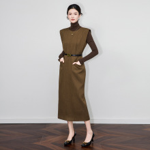 2513411-南油轻奢高品女装通勤简约条纹无袖秋冬连衣裙复古收腰新