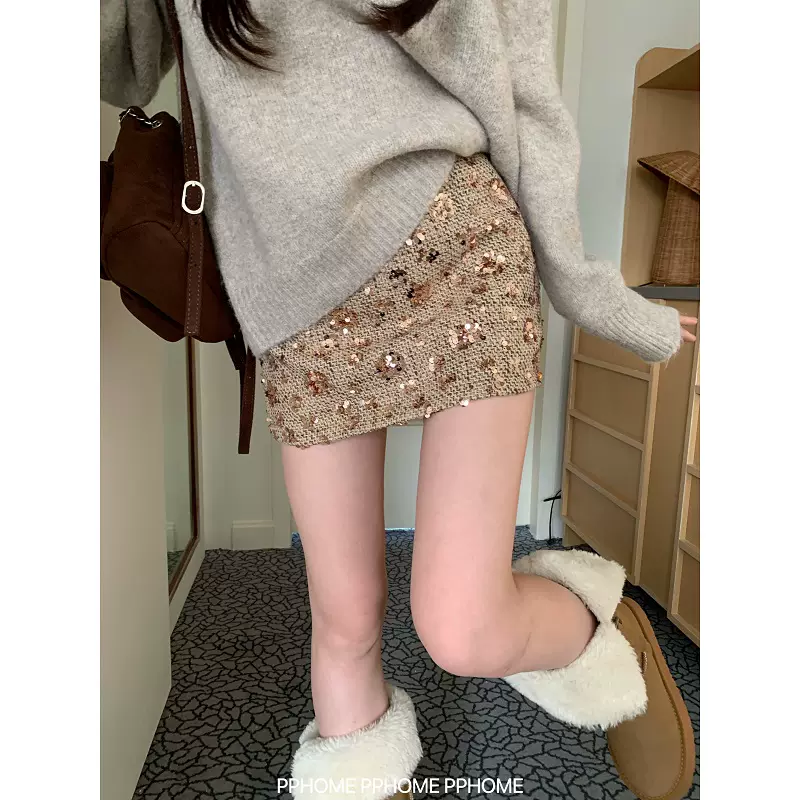 昌秀 闪闪新年半身裙轻奢高腰A字毛呢短裙精致小香粗呢半身短裙女