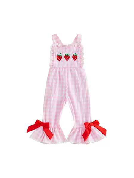 Ins Spring 2026 New Girls' Overalls Pink and White Plaid Strawberry Embroidery Lace Bow Flared Pants