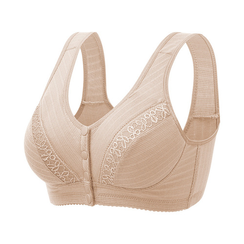 New lace front button bra, soft cotton vest style for middle-aged and elderly people, large size, no wire bra, threaded cloth