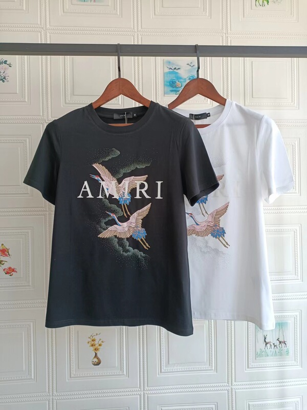 24Ss Amiri Crane Print Short-Sleeved Auspicious Clouds Chinese Style Letter Round Neck Amili Men's and Women's T-Shirt 24Ss Amiri Crane Print Short-Sleeved Auspicious Clouds Chinese Style Letter Round Neck Amili Men's and Women's T-Shirt