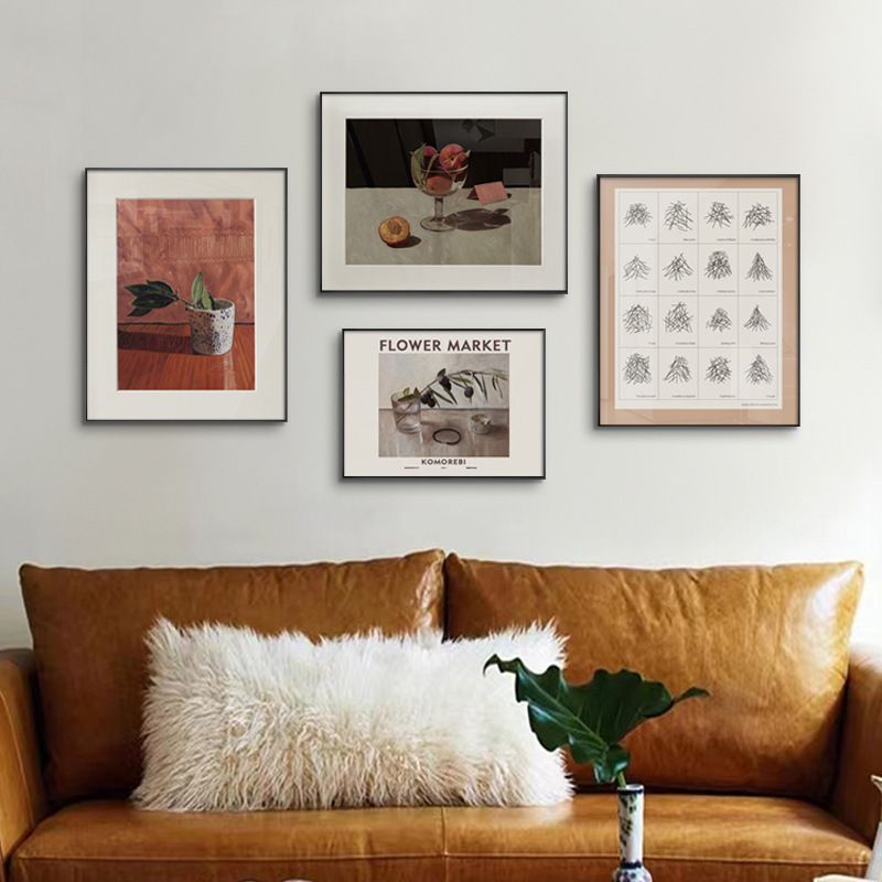 March Peach and Plum Nordic Retro Style Living Room Combination Hanging Painting Plant Flower Decorative Painting Abstract Line Quadruple Painting