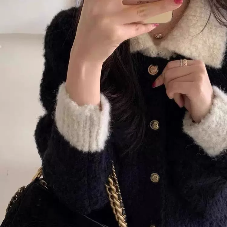 半边绒法式小香风感polo翻领毛衣外套女2024秋冬软糯针织开衫上衣