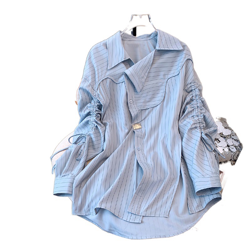 Design blue striped shirt women's spring and autumn new large size fat and thin medium and long irregular drawstring upper generation_senzul.com