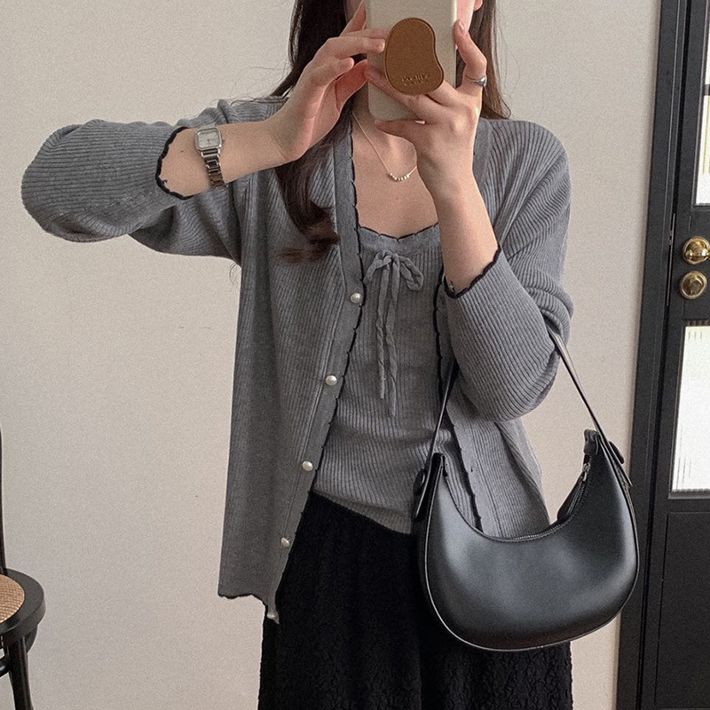 Spring and Summer Thin Worsted Wool Suspender Cardigan Two-Piece Top Niche Elegant High-End Knitted Suit Jacket