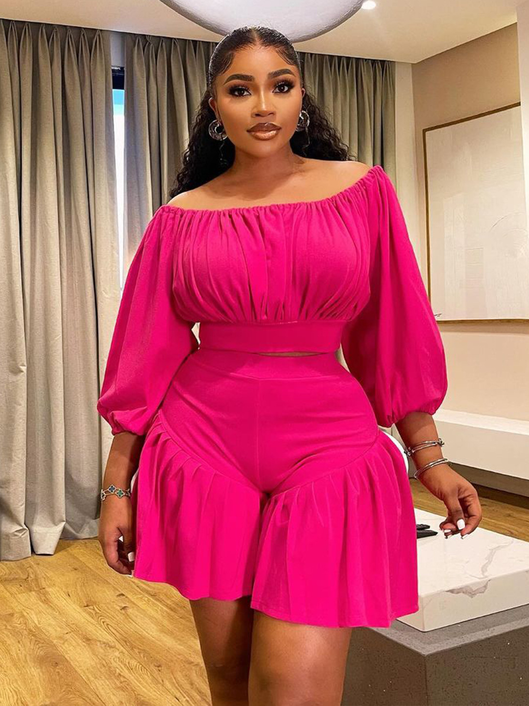 350g Weight Long Sleeve Sleeve Length Spandex, Polyester Fabric Type Shorts Co-ord Set Sets Type 2 Pieces Set Quantity Daily Occasion Off Shoulder Neckline Slim Fit Type Solid Color Pattern Summer Season Casual Style Daily Casual Solid Color Spandex Polyester Shorts Co-ord Set Plus Size Two-piece Sets 无