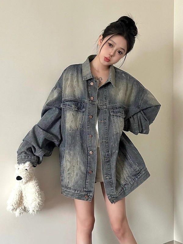 美式复古水洗做旧磨破牛仔外套女春秋新款潮牌宽松休闲夹克上衣|undefined