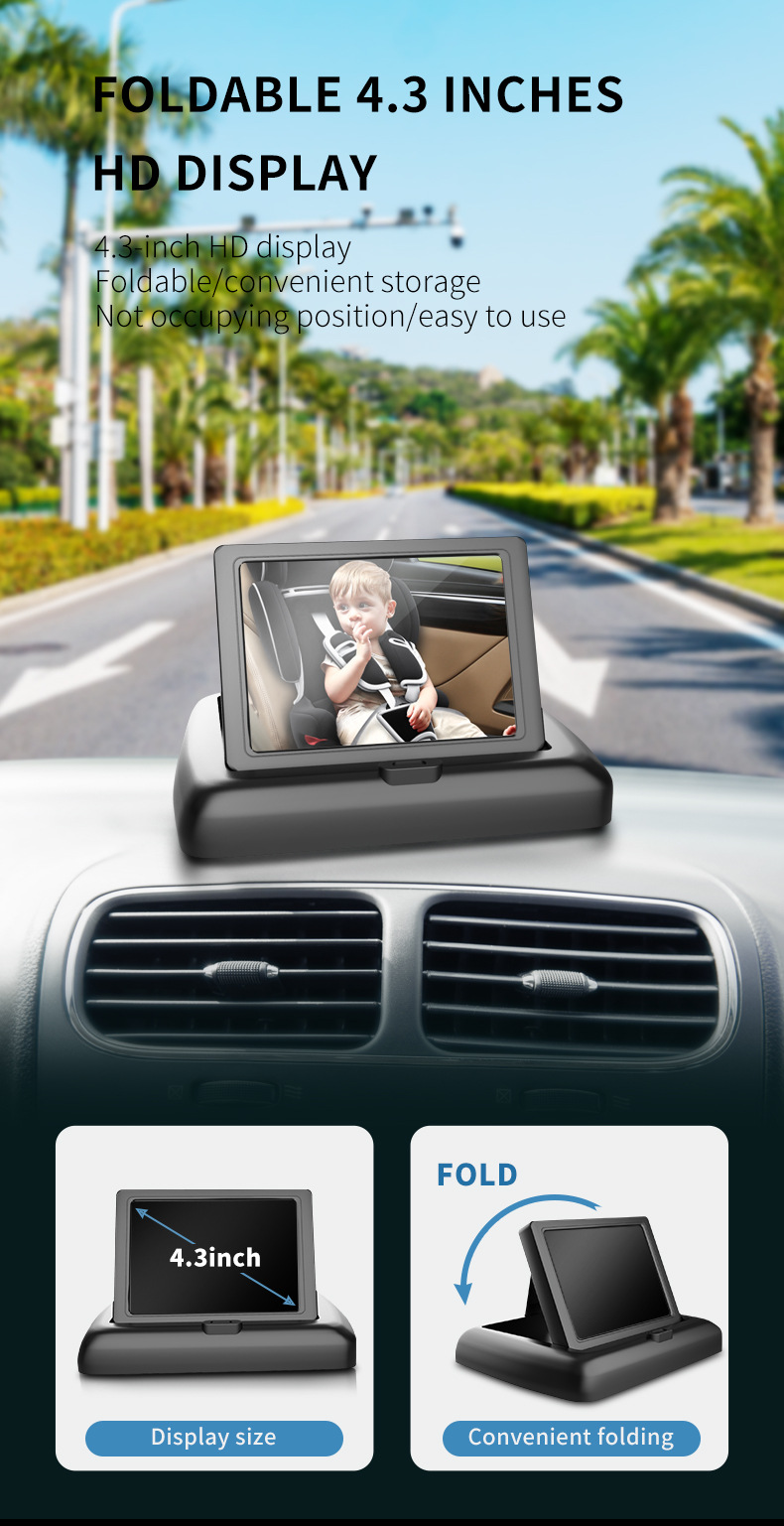 Car-Mounted Baby Monitor with 4.3-Inch Foldable Display + Night Vision Camera for Rear Seat Monitoring