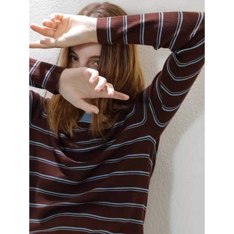 Vintage Contrast Color Striped Crew Neck Knit Sweater for Women Fashion Versatile Long Sleeve Autumn Winter Base Shirt Top