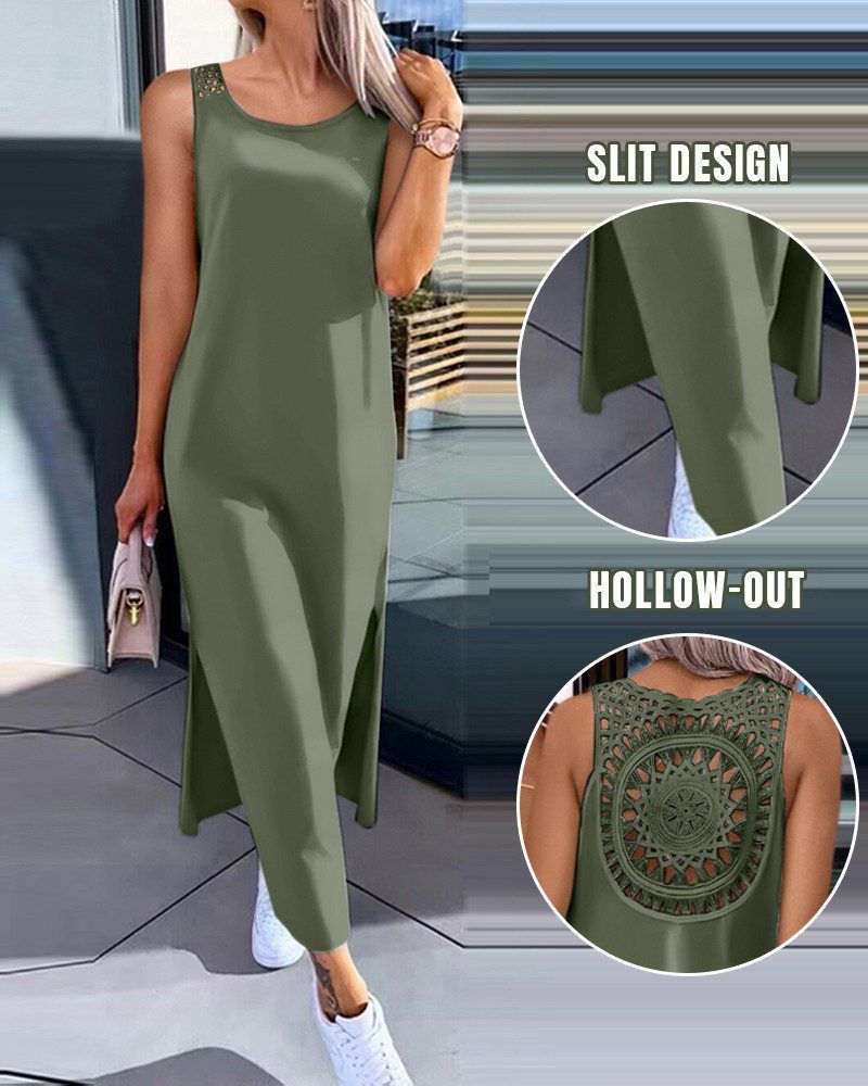 Women's Clothing Summer Solid Color Women's Dress Style Back Hollowed Out Lace Sleeveless Slit Design For Casual Occasions_ecoleips.com